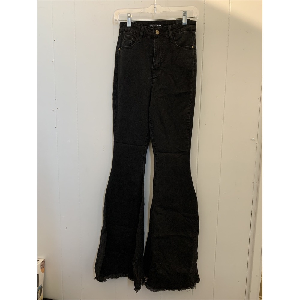 Fashion Nova Jeans Women's 5/28 High Waist Black Flared Stretch Distressed Pants